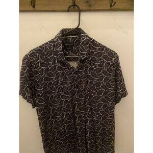 Gem Malki Supersoft Mens Short Sleeve Button Down Shirt Medium Navy Palm Print